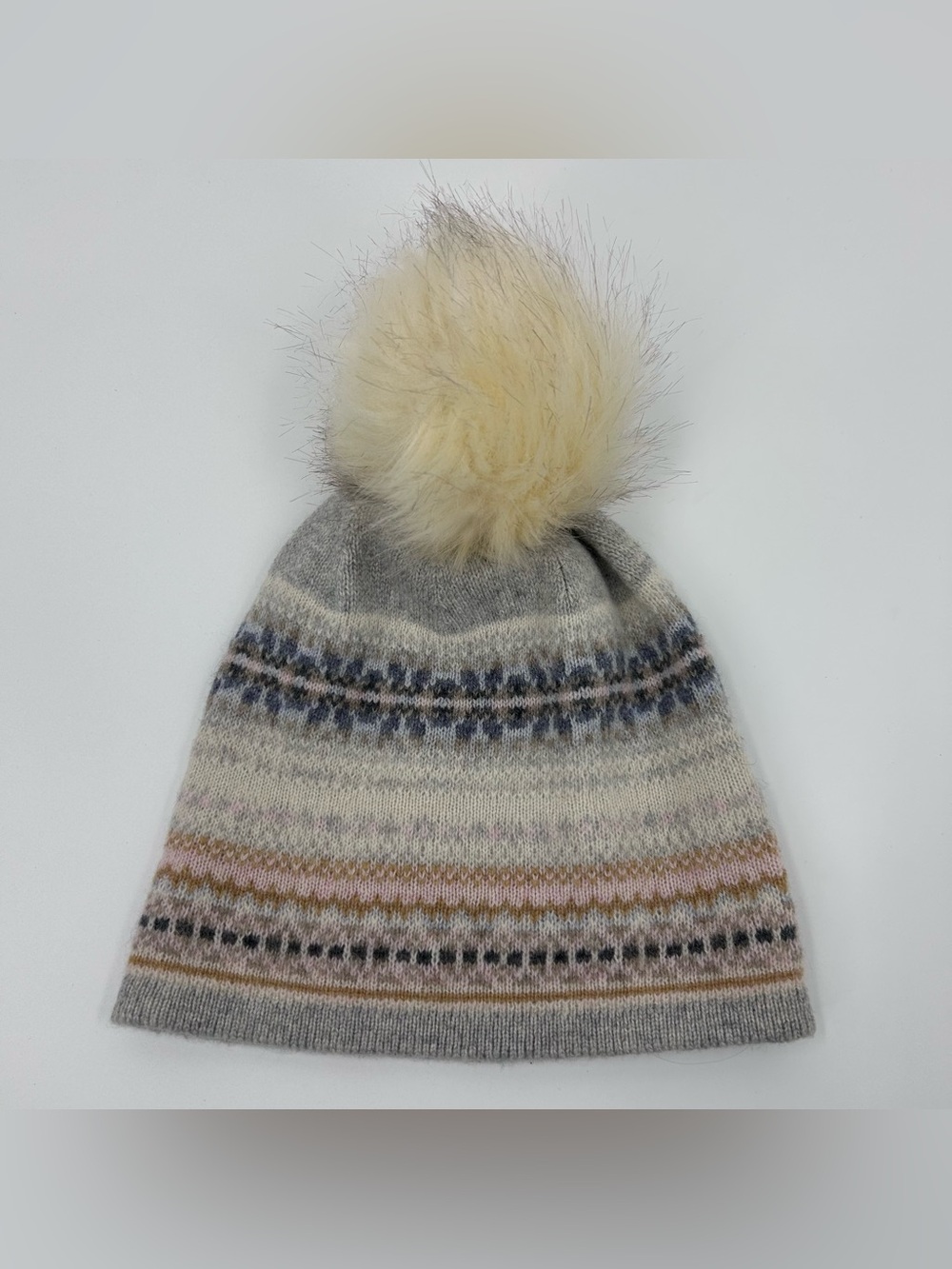 Hannah Rose 100% Cashmere Gray Fair Isle Pom Beanie